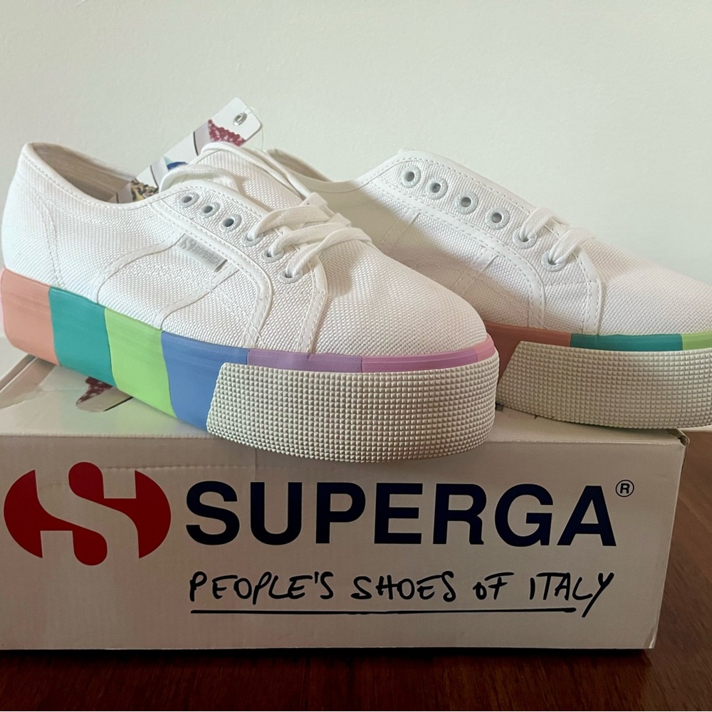 Superga White/Rainbow Platform Sneakers
